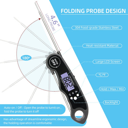Meat Thermometer 304 Stainless Steel Meat Thermometer Probe LCD Food Thermometer Digital Extra-Long Thermometer for Cooking IP65 Waterproof