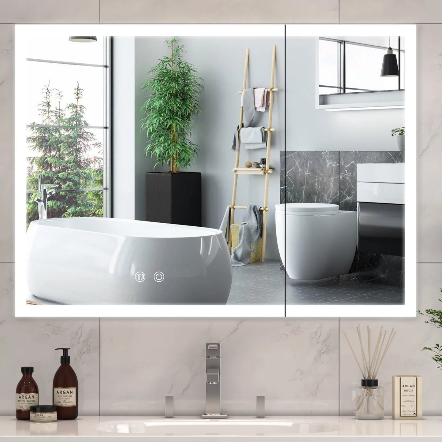 JBLCC LED Lighted Medicine Cabinet with Mirror, Wall Mounted Bathroom Cabinet with Touch Sensor, Anti-Fog, Black