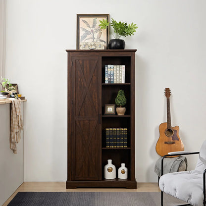 Kselythan 74" Tall Storage Cabinet, Large Kitchen Pantry with Barn Door and Opening Shelves, Freestanding Cabinet for Kitchen Bathroom Living Room
