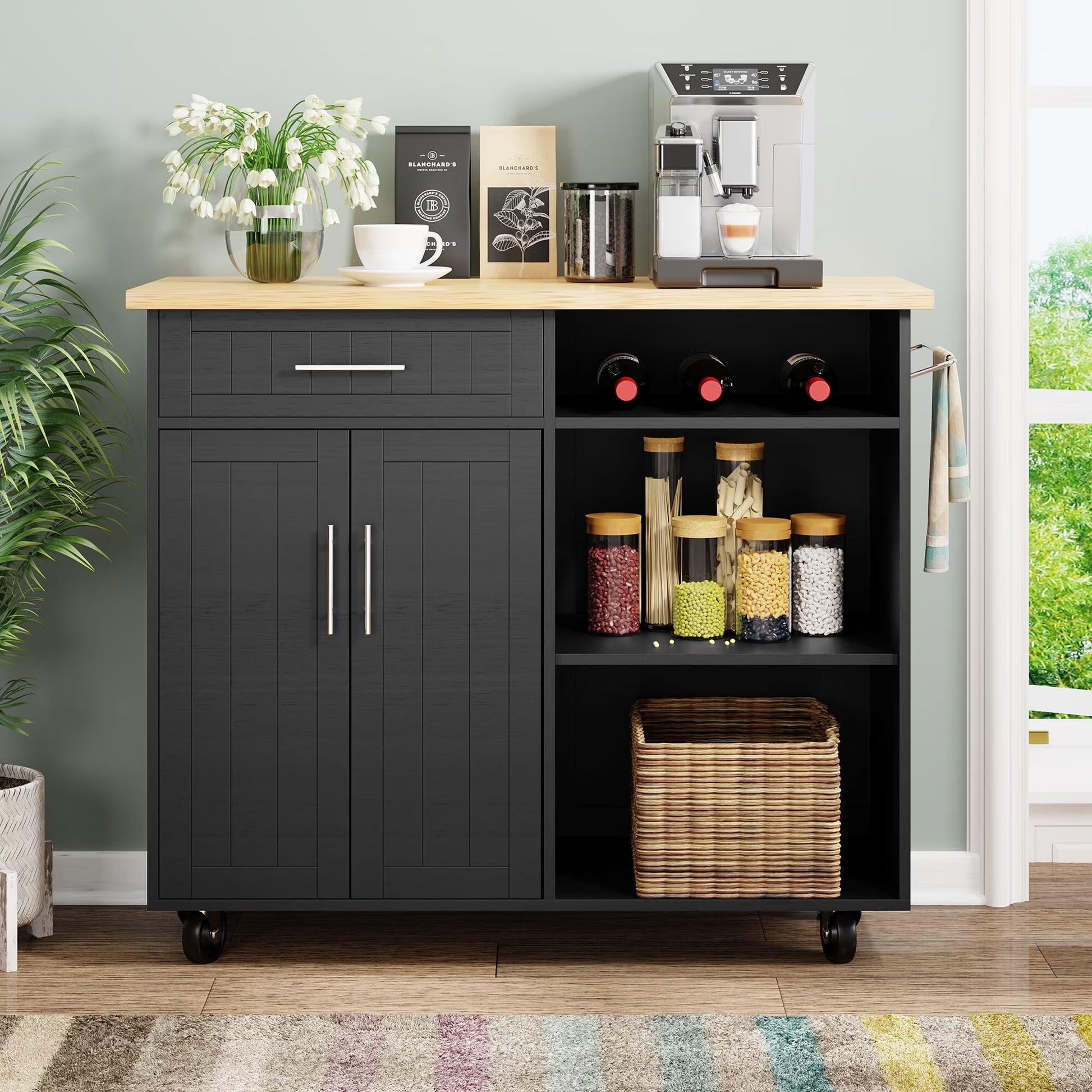 Futzca Kitchen Island Cart on Wheels with Large Worktop,Storage Cabinet,Towel Rack and Drawers - N/A Black