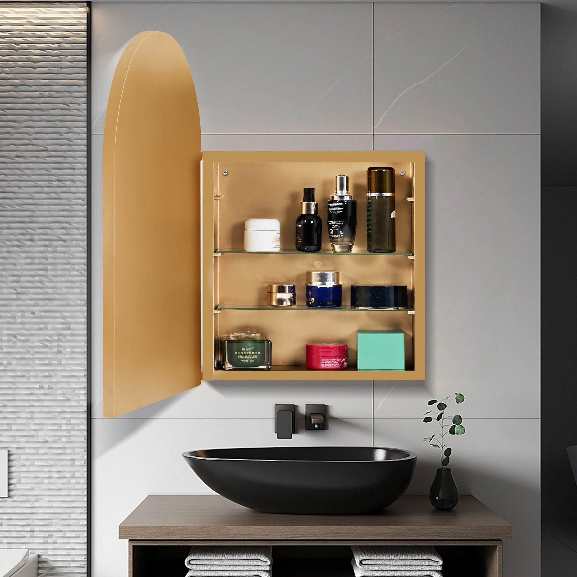 Soges 36" x 24" Arched Bathroom Mirror Cabinet Medicine Cabinet with 2 Adjustable Shelves, Recess or Surface Mounted Installation,,Gold