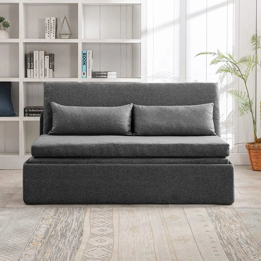 Mjkone Queen Size Convertible Sofa Bed, Modern Pull Out Linen Sleeper Sofa Couch, Revesible Couch Bed with Cushions& Throw Pillows for Small Place/Apartment/Living Room/Office/Studio (Dark Gray)