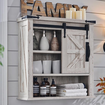 OKD Wall Storage Cabinet with Barn Door & 3 Shelves Farmhouse Wooden Bathroom Wall Mounted Medicine Cabinet Organizer Spacesaver for Kitchen Laundry Room Hotels Home, Light Rustic Oak