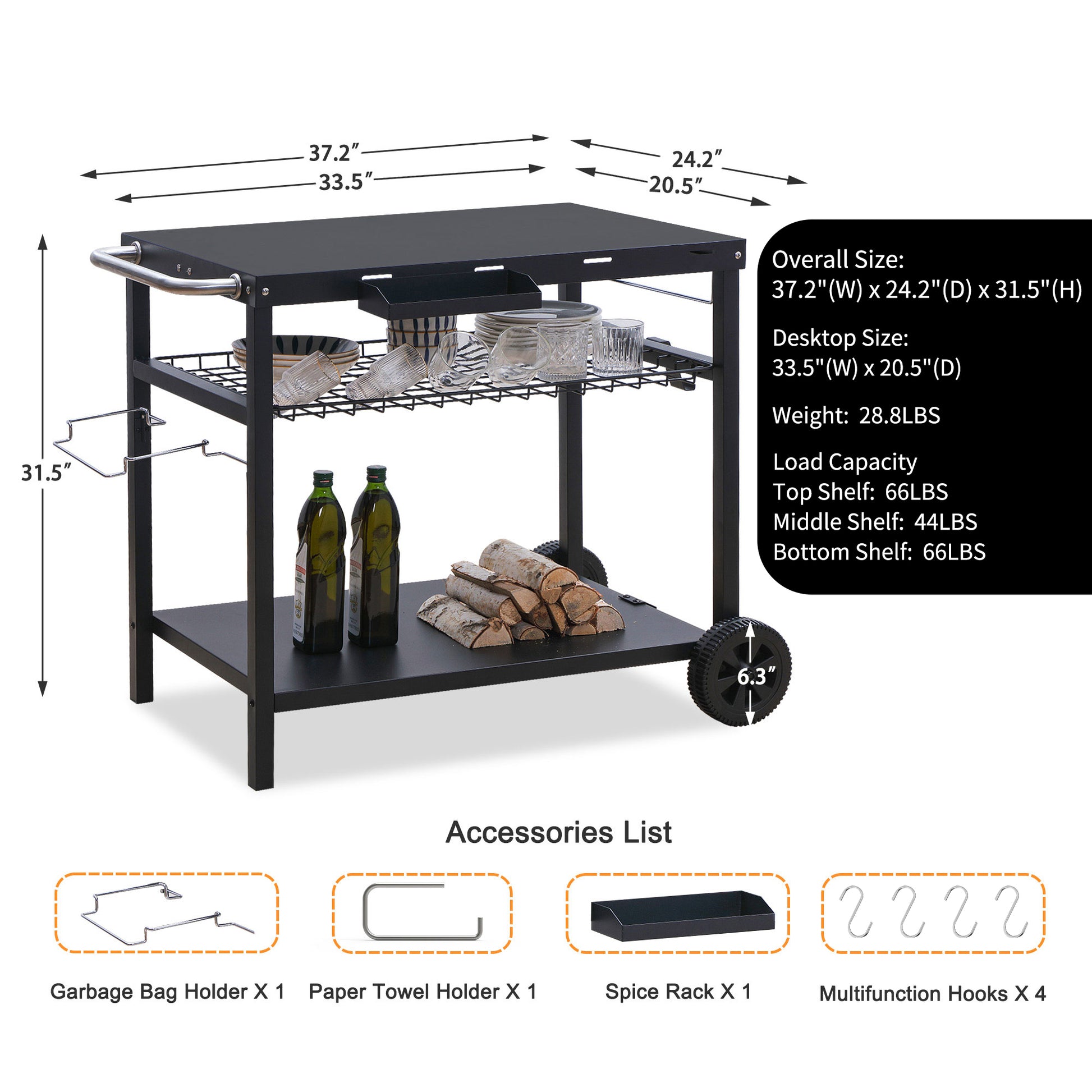 Grill Cart, Pizza Oven Stand, Outdoor bbq Prep Station with Storage, Wheel, Hook, Handle, Black Steel Tabletop, Garbage Bag Holder, Paper Towel Holder, Movable Spice Rack