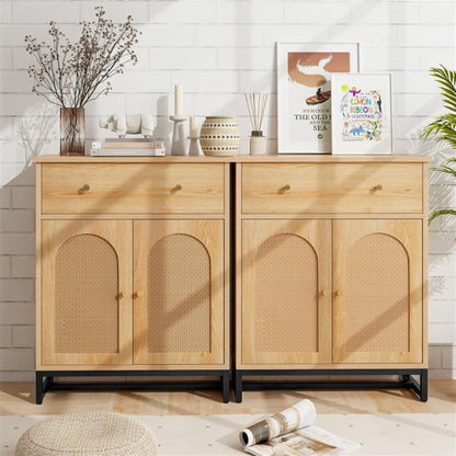 Finihen Accent Floor Storage Cabinet with Rattan Doors, Bathroom Cabinet with Large Drawer, Freestanding Storage Cabinet Organizer, Beige