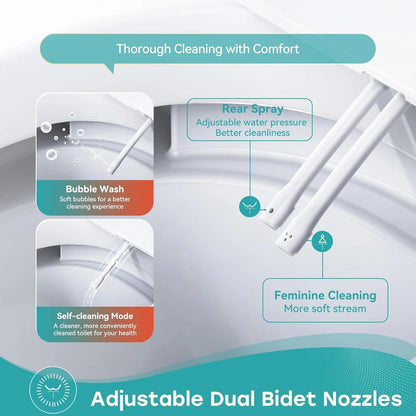 HOROW Non-electric Smart Bidet Toilet with Dual Nozzles Cleanse Built-in Pump for Power Flush Map 1000g ADA Chair Height