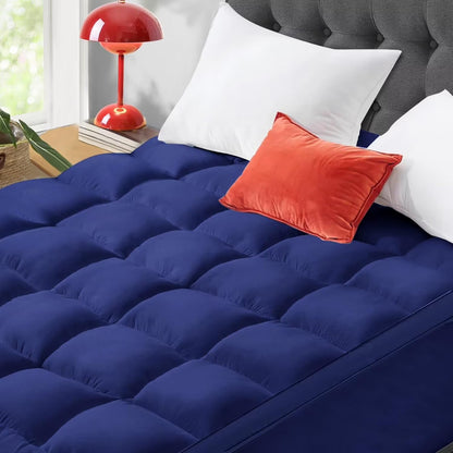 Mattress Topper Short Queen Size, PillowTop Mattress Pad Cover for Bed Back Pain, Cooling Mattress Protector Extra Thick Firm Soft Floor Fill Overfilled with 8-21 Inch Deep Pocket, 60"x75"Navy