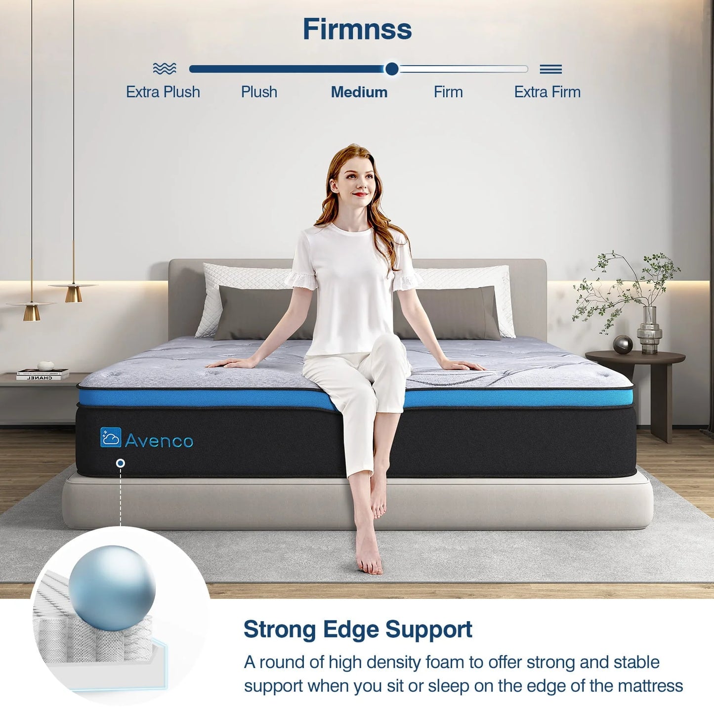Avenco Queen Size Firm, 12-Inch Hybrid Mattress in a Box, Innerspring and Gel Memory Foam, Gray, Pillow Top