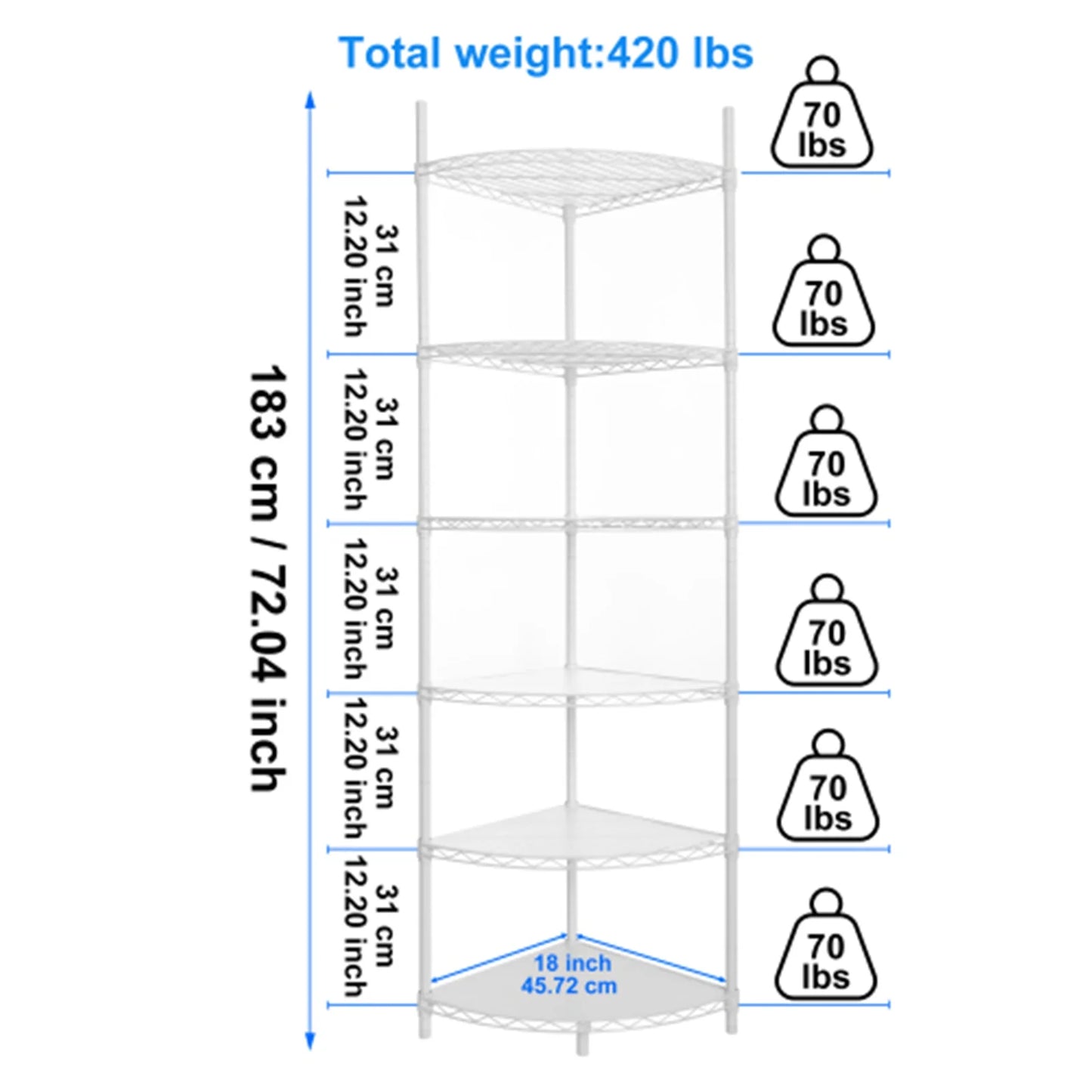 6 Tier Corner Storage Shelves, Wire Shelving Unit, Adjustable Metal Heavy Duty Free Standing Corner Storage Display Chrome Rack for Laundry Bathroom Kitchen Pantry Closet, Chrome