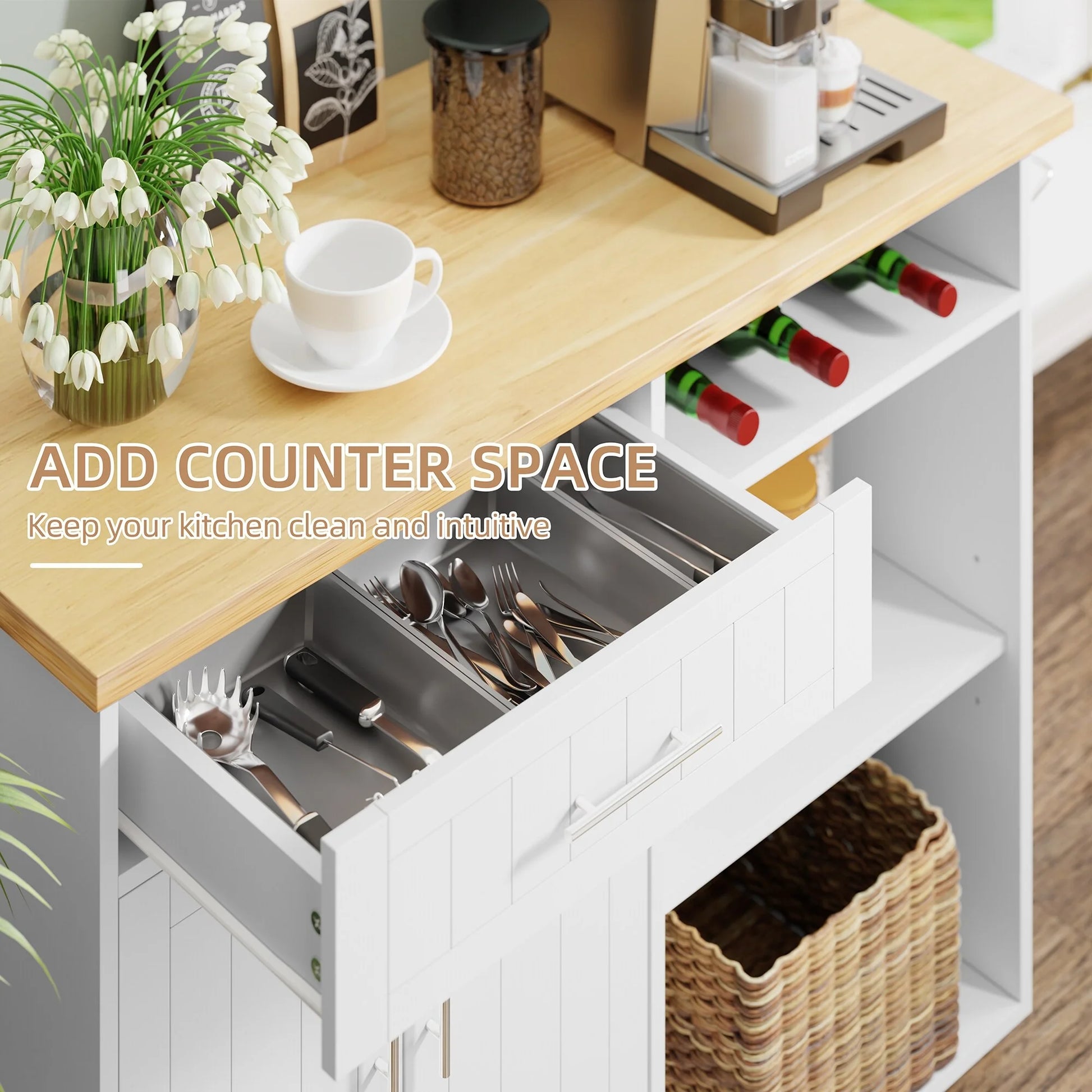 Futzca Kitchen Island Cart on Wheels with Large Worktop,Storage Cabinet,Towel Rack and Drawers - N/A Black