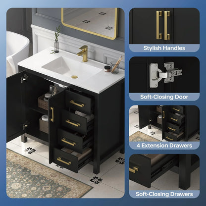 DELUXE LIVING 36 Inch Bathroom Vanity with Sink, Modern Black Bathroom Vanities with Adjustable Feets, 2 Soft-Closing Doors & 4 Drawers, Integral Sink