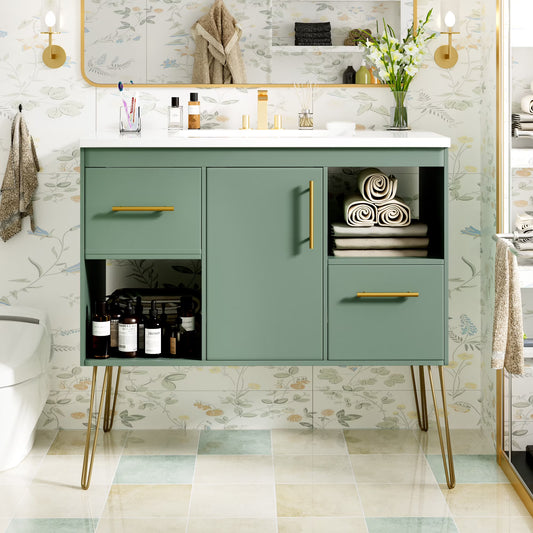 Euroco 36'' Bathroom Vanity with Resin Sink Combo Set, Modern Freestanding Single Bathroom Cabinet with 2 Drawers & 2 Storage Compartments, Storage Cabinet for Bathroom, Solid Wood Frame Vanity Set