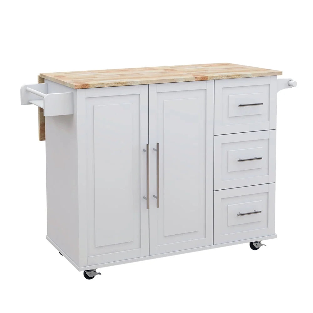 Upgraded Kitchen Island Cart with Drop-Leaf Tabletop and Locking Wheels, 43.7" Kitchen Trolley Cart with 2 Door Cabinet & 3 Storage Drawers & Spice Rack & Towel Rack, Rolling Kitchen Island Cart White