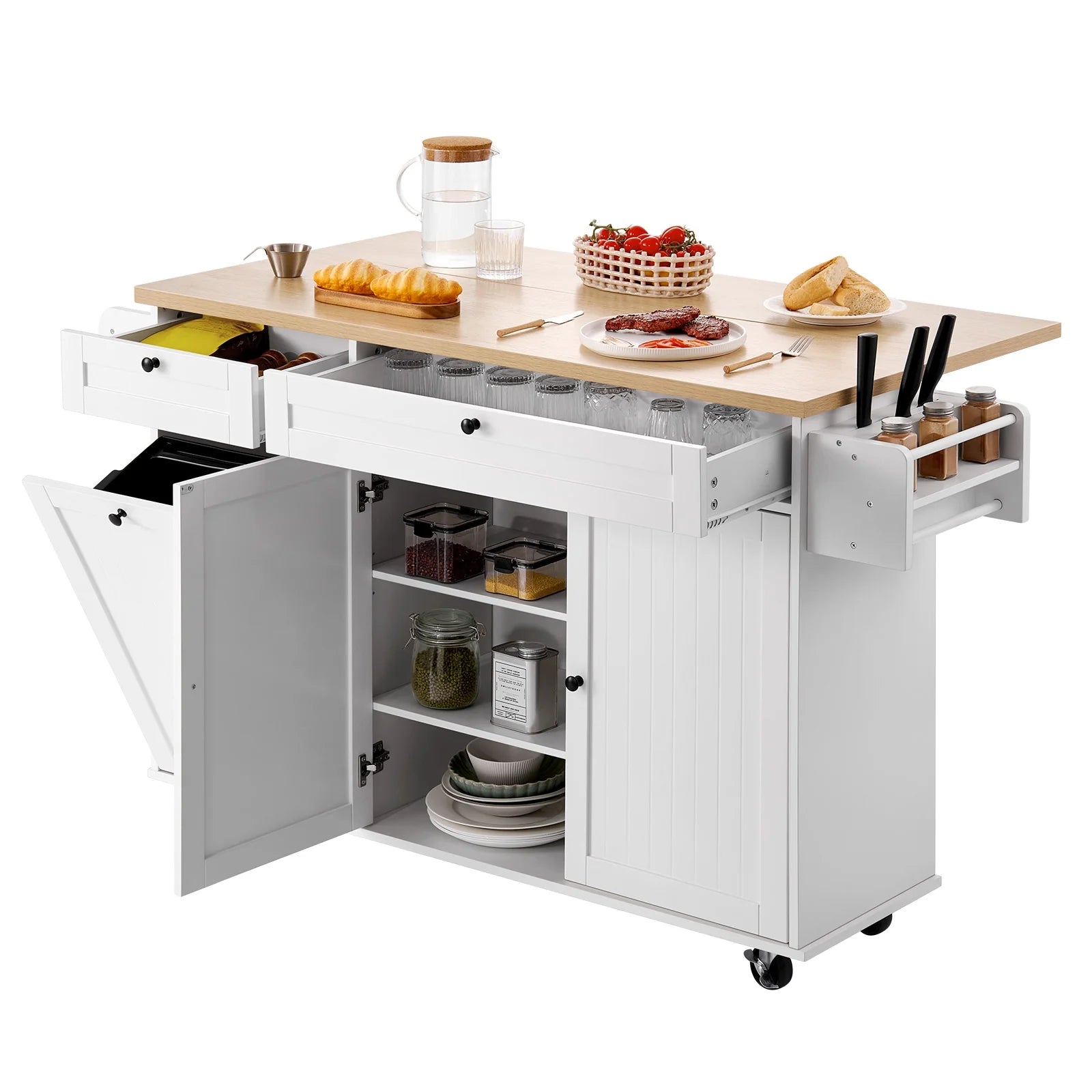 KFFKFF 60in Wide Mobile Kitchen Island Cart with Storage, Drop Leaf, 2 Drawers, Trash Bin Cabinet, Knife Slot, Spice Organizer, and Towel Bar, Ideal for Dining Room or Pantry