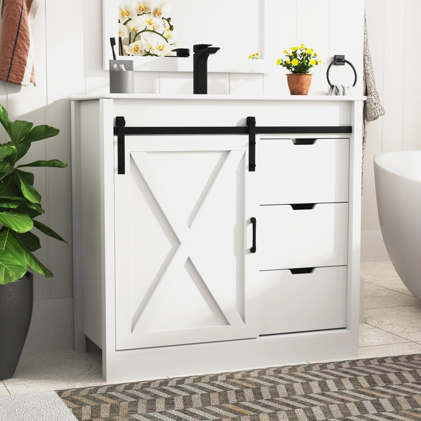 Blotout 36" Bathroom Vanity with Sink & Faucet & Mirror, Farmhouse Bathroom Vanity Cabinet Set with Sliding Barn Door & 3 Drawers, Freestanding Single Bath Storage Vanity Ceramic Sink, White