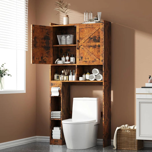 Selooye Over The Toilet Storage Cabinet, 32'' Farmhouse Storage Cabinet Over Toilet with 2 Barn Door, Toilet Paper Holder Stand and Adjustable Shelves, Toilet Rack for Bathroom, Restroom, Laundry