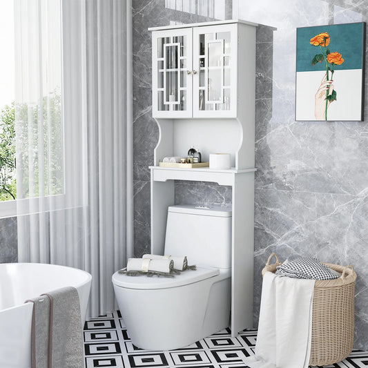 Costway Over the Toilet Storage Bathroom Spacesaver Cabinet Tower Organizer Shelf & Doors White