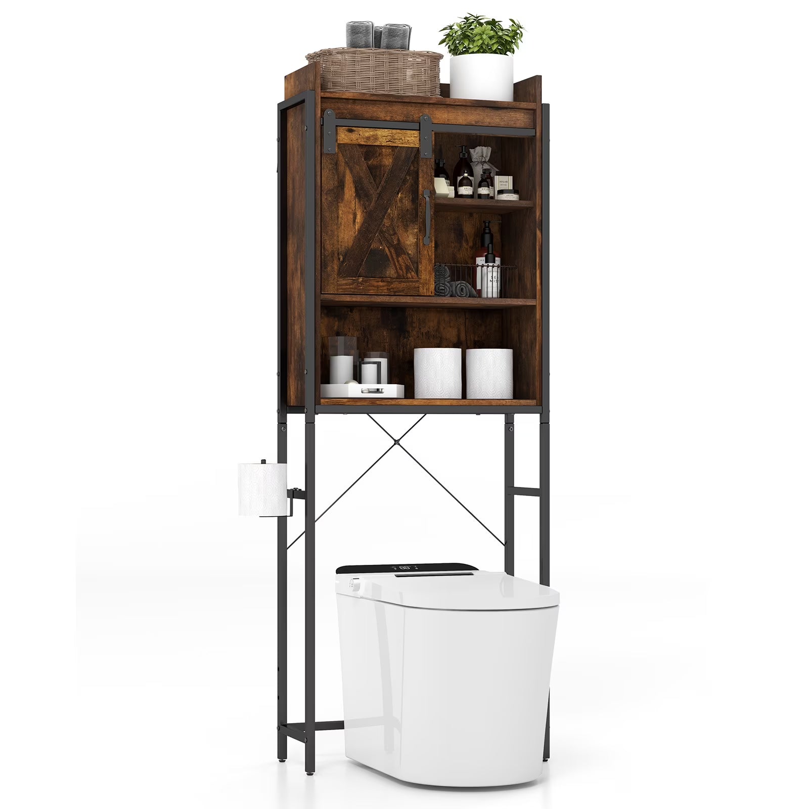 Topbuy Over The Toilet Storage Cabinet 4-Tier Bathroom Organizer w/Adjustable Shelves Sliding Barn Door & Toilet Paper Holder Rustic Brown