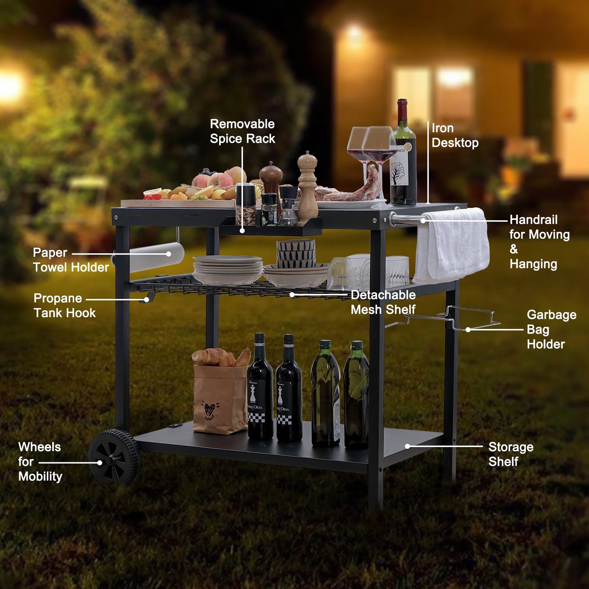 Grill Cart, Pizza Oven Stand, Outdoor bbq Prep Station with Storage, Wheel, Hook, Handle, Black Steel Tabletop, Garbage Bag Holder, Paper Towel Holder, Movable Spice Rack