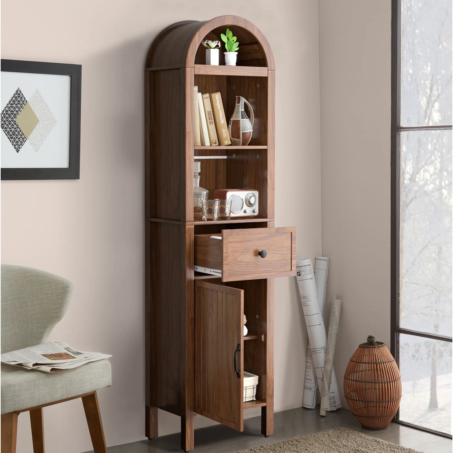 Oubayajia 64" Tall Bathroom Storage Cabinet, Narrow Tall Arched Linen Standing Tower Cabinet, Kitchen Cupboard with Adjustable Shelf and Drawer