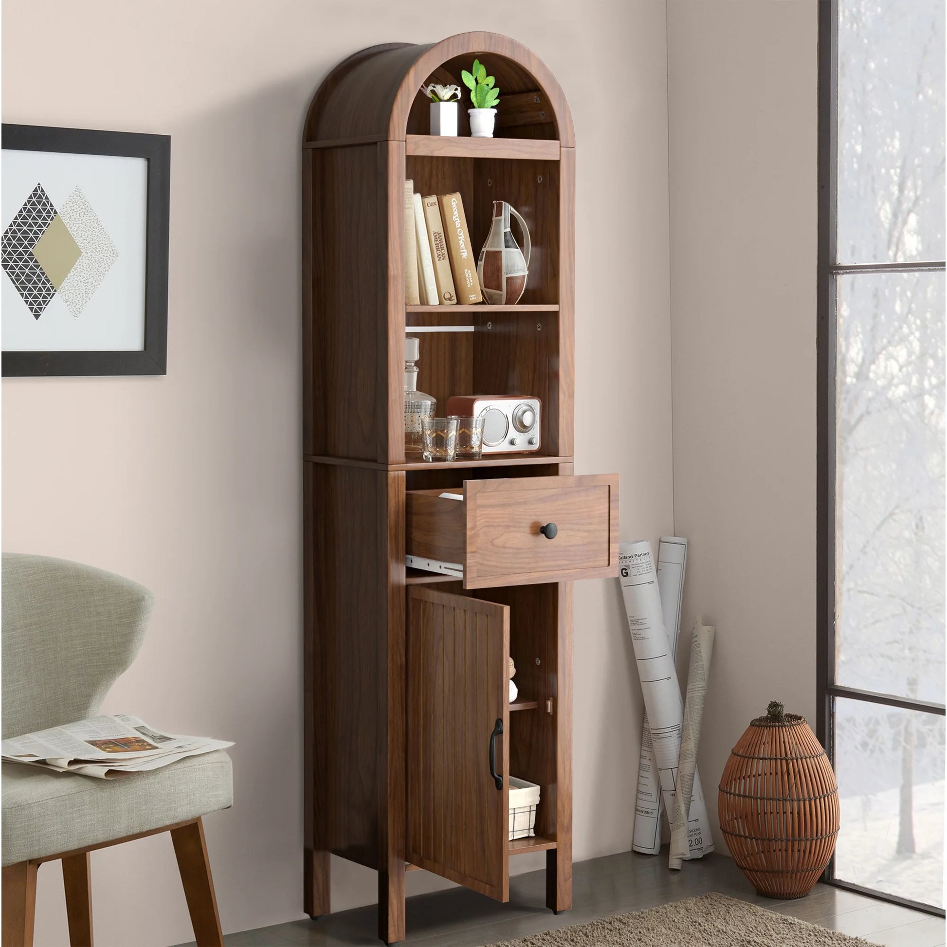 Oubayajia 64" Tall Bathroom Storage Cabinet, Narrow Tall Arched Linen Standing Tower Cabinet, Kitchen Cupboard with Adjustable Shelf and Drawer