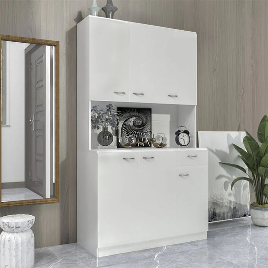 70.87" Tall Wardrobe & Kitchen Cabinet, Freestanding Storage Cabinet with 6 Doors, 1 Open Shelves and 1 Drawer, Kitchen Pantry Cabinet Buffet Sideboard Cabinet with 2 Cable Holes for Bedroom, White