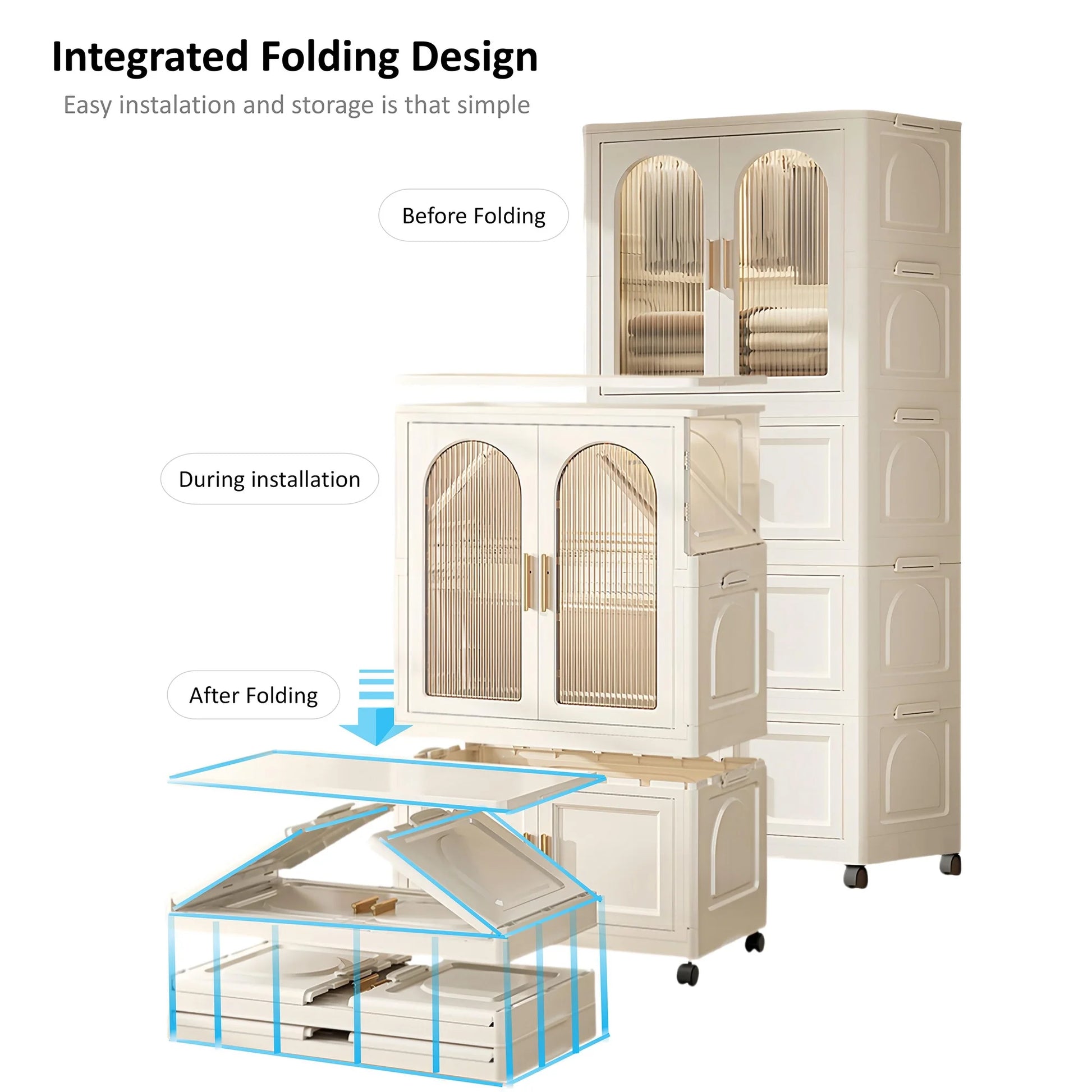 PORKISS Portable Wardrobe Closet, Folding Bedroom Armoire with Wheels, Plastic Storage Basket Can be Freely Combined (1 Layer of Wardrobe + 2 Layers of Folding Boxes+10 Hangers), Cream White-57.09"H