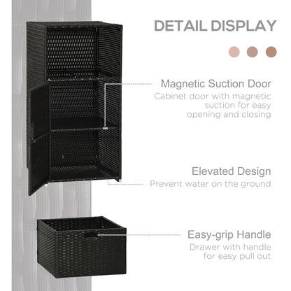 Outsunny Towel Rack & Pool Toy Cabinet/Hot Tub Accessory Storage, Waterproof PE Rattan Cabinet & Drawer for Indoor, Outdoor Swimming Pool, Brown