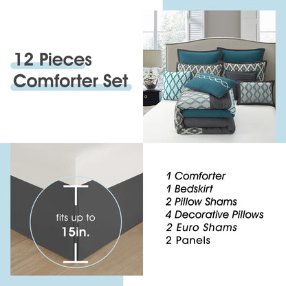 Lanco Geometirc Queen Blue Comforter Set, 12 Piece, Jacquard Bedding Comforters & Sets, Bedskirt, Pillows, Euro Shams & Curtains, Ultra-Soft