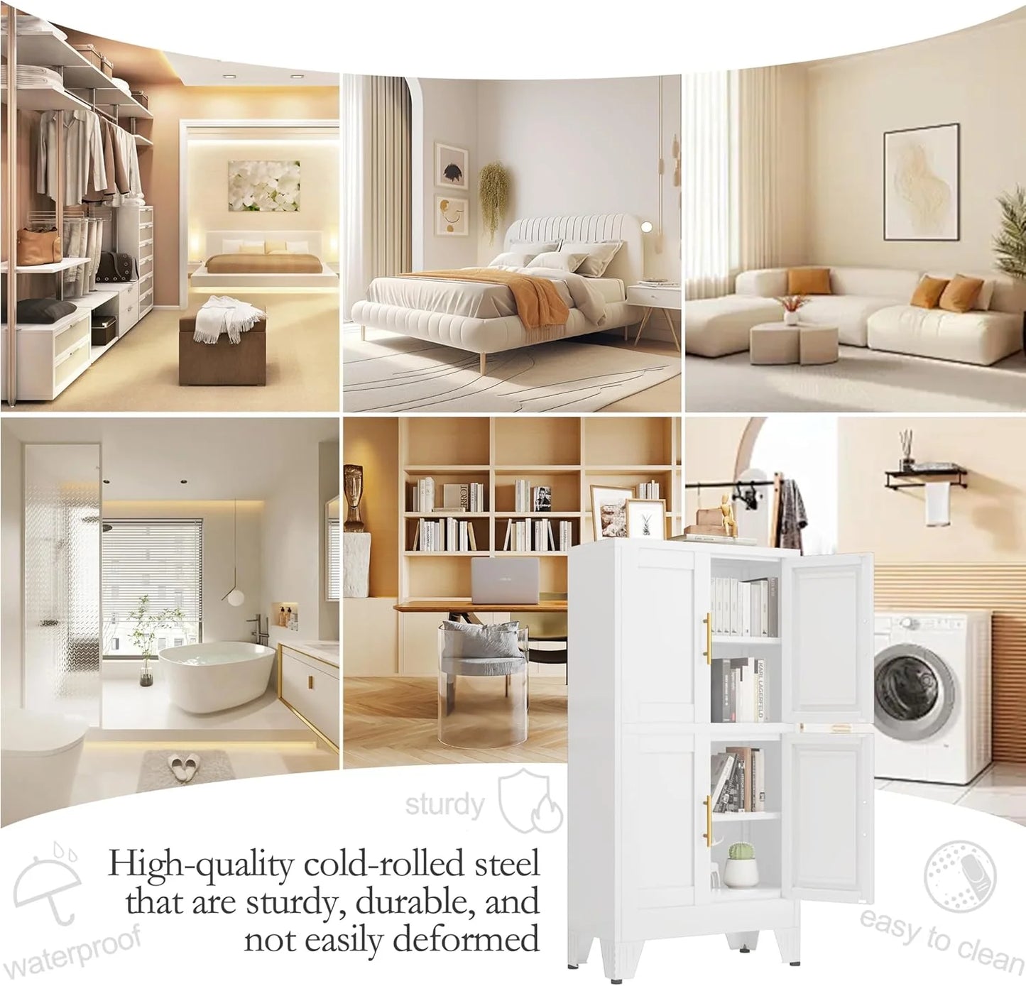 47.25" Metal Pantry Cabinet, Storage Cabinets with 4 Door and 2 Adjustable Shelves, White Bathroom Cabinet, Freestanding Cupboard for Kitchen Dining Living Room Bathroom