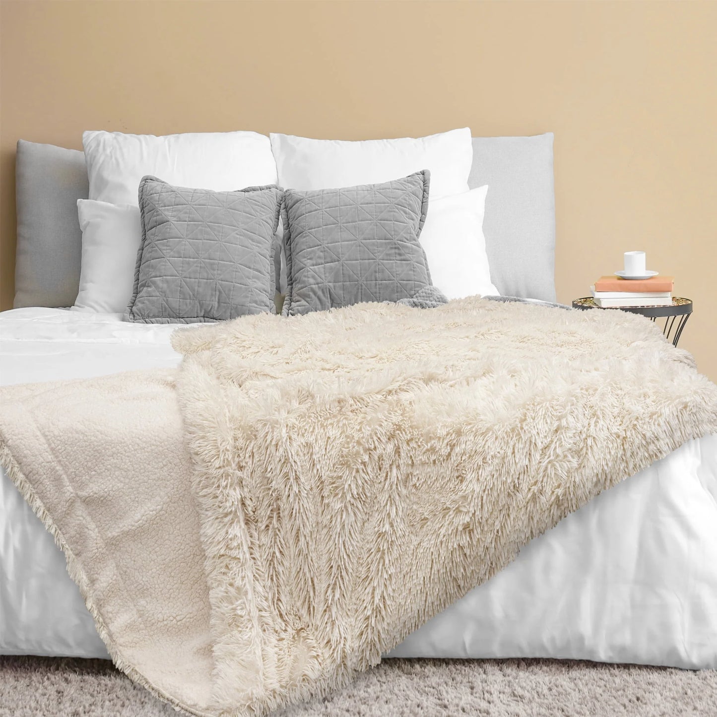 PAVILIA Soft Fluffy Faux Fur Bed Blanket, King, Cream Beige, Shaggy Furry Warm Sherpa Blanket Fleece Throw for Sofa, Couch, Decorative Fuzzy Plush Comfy Thick Throw Blanket, 90x108
