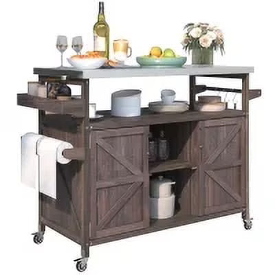 Outdoor Kitchen Island, Rolling Bar Cart & Storage Cabinet, Farmhouse Solid Wood Outdoor Grill Table with Stainless Steel Top, Spice Rack , Towel Rack for Kitchen & BBQ , Natural