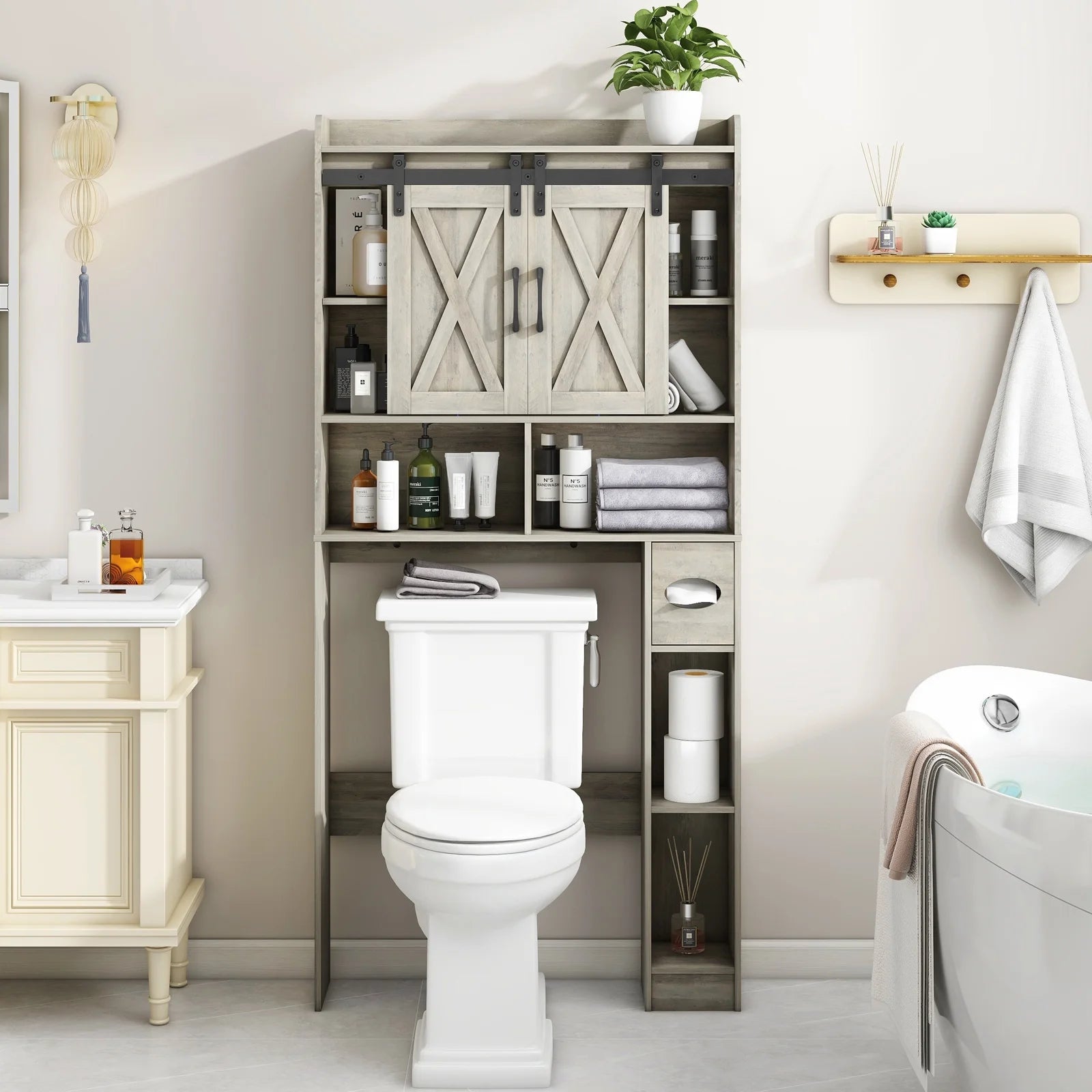 Over The Toilet Storage Cabinet, Farmhouse Storage Cabinet Over Toilet with Sliding DoorsHome Space-Saving Toilet Rack, for Bathroom, Restroom, Laundry