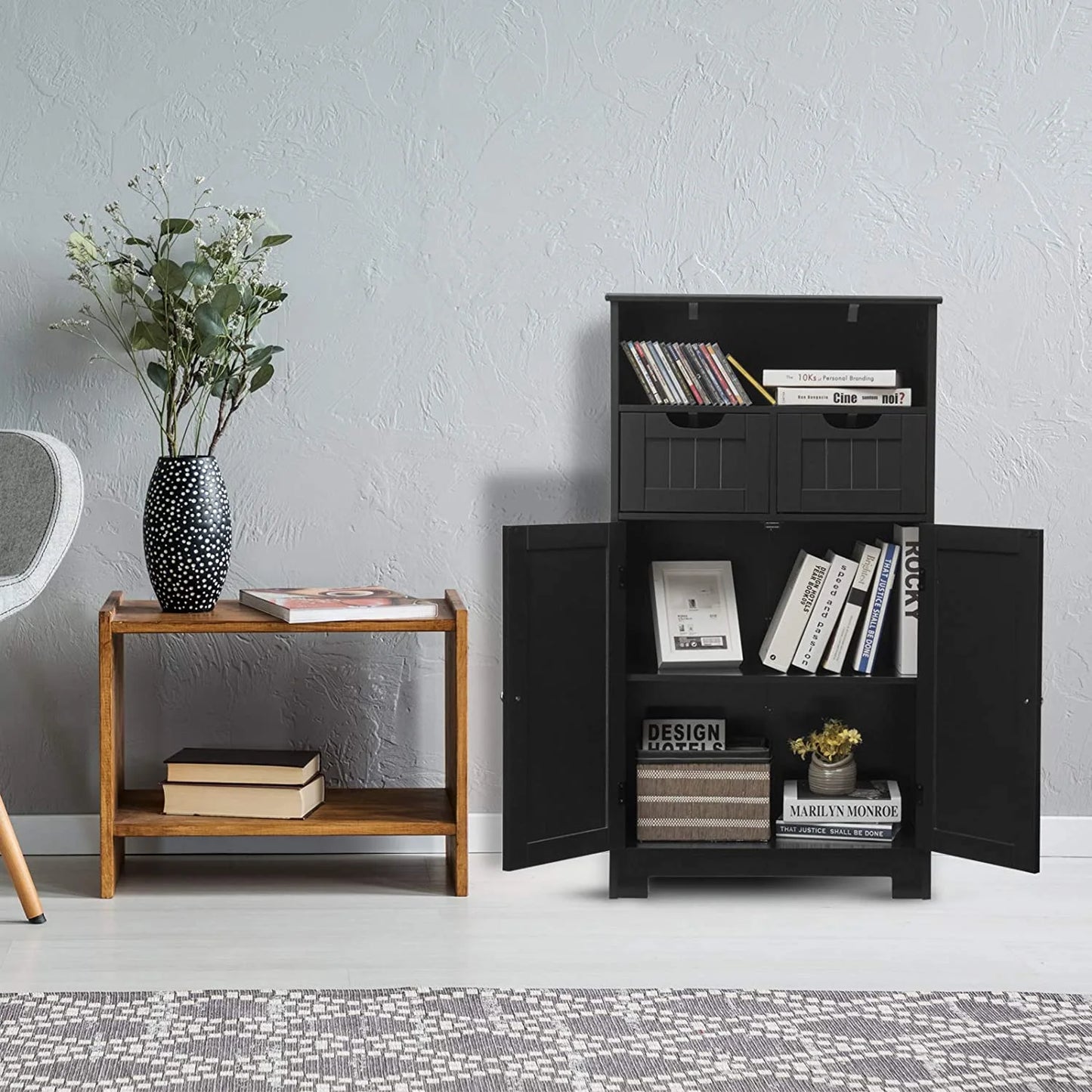 Giantex Multifunctional Floor Cabinet, Freestanding Bathroom Cabinet with Removable Drawers and Adjustable Shelf for Bathroom, Living Room, Bedroom or Entryway, 24 x 12 x 43 inches (Black)