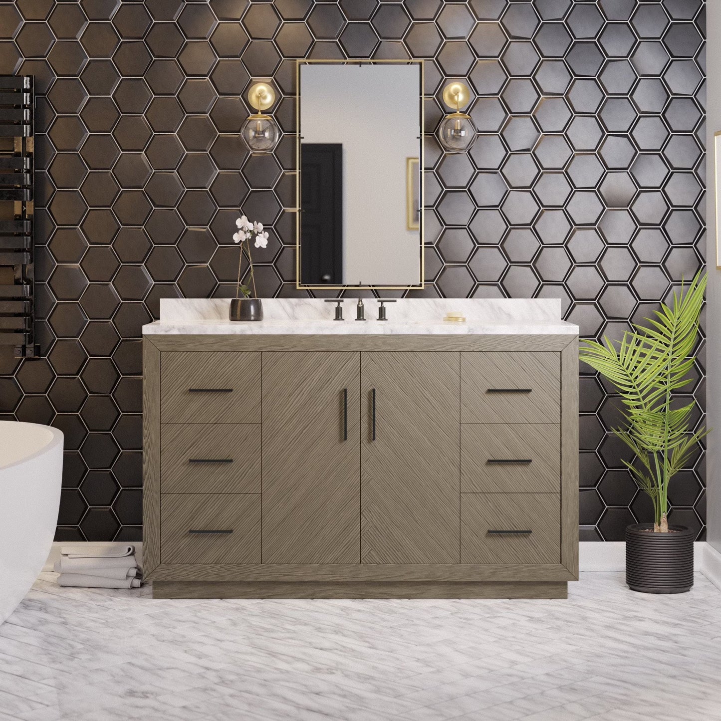 Peyton 60" Single Bathroom Vanity with Gray Oak Cabinet and Carrara Marble Top