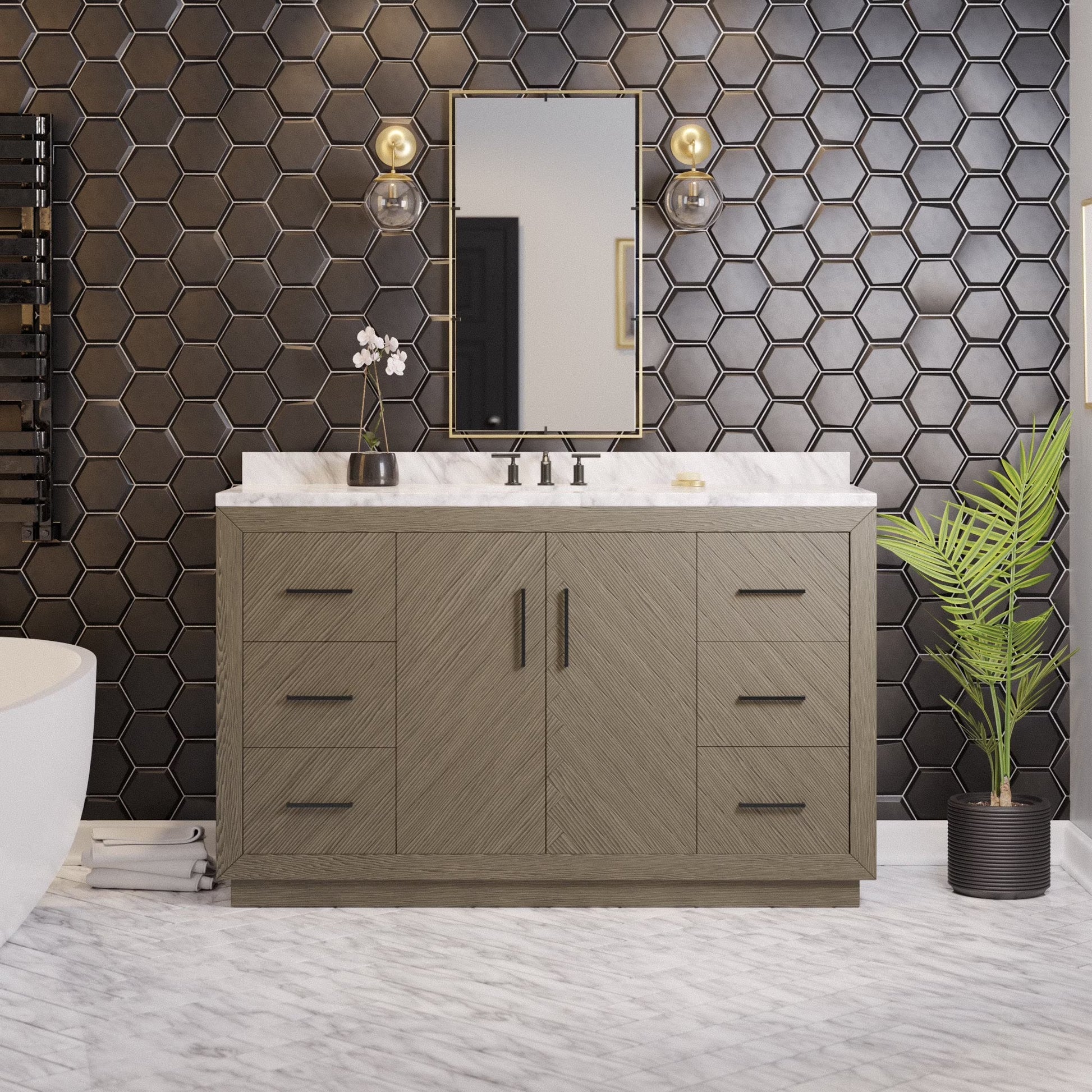 Peyton 60" Single Bathroom Vanity with Gray Oak Cabinet and Carrara Marble Top