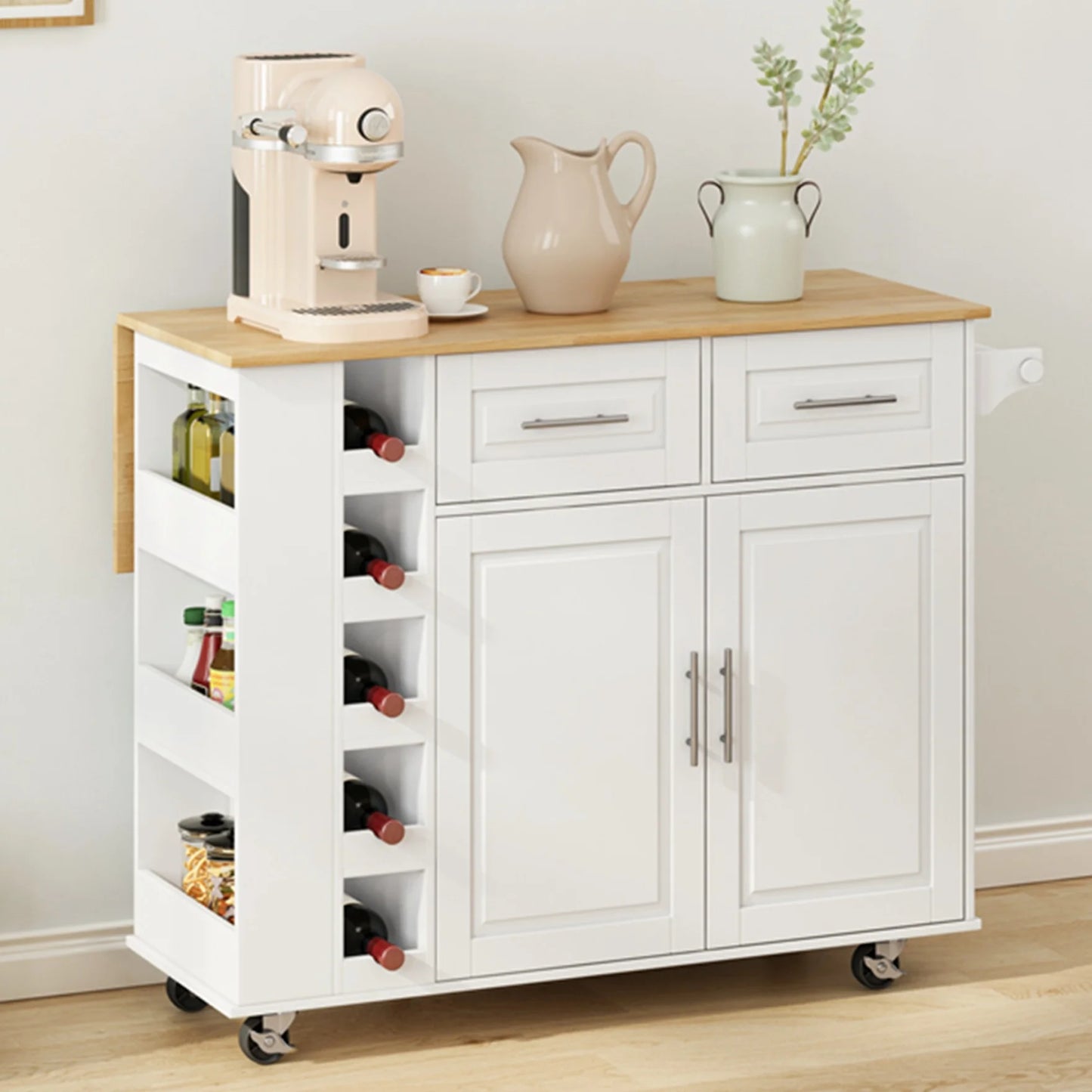 Movable Kitchen Island Cart with 2 Door Cabinet, 2 Drawers and Drop Leaf Top, Island Table with Spice Rack, Towel Holder, Wine Rack and Wheels, Kitchen Storage Cabinet, White