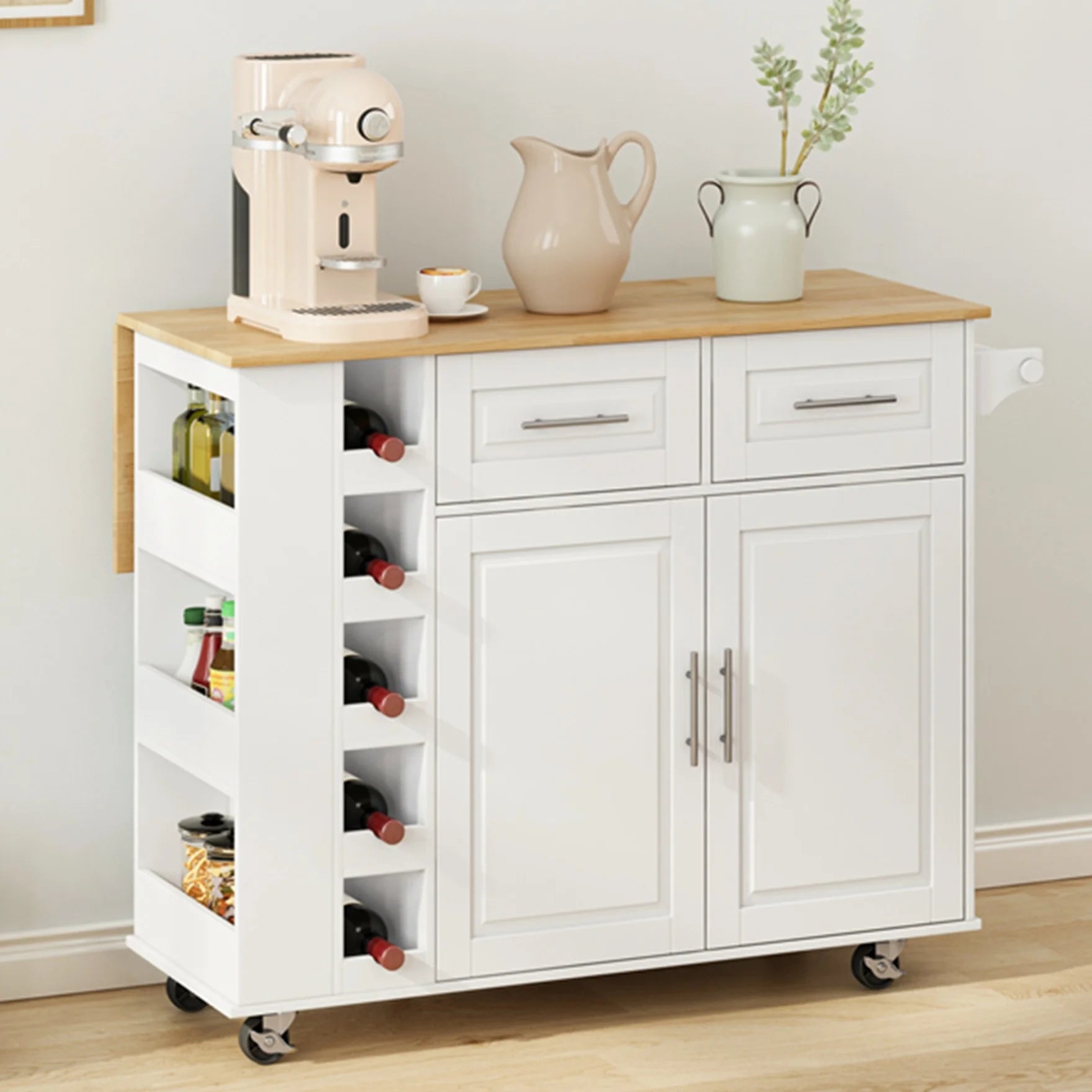 Movable Kitchen Island Cart with 2 Door Cabinet, 2 Drawers and Drop Leaf Top, Island Table with Spice Rack, Towel Holder, Wine Rack and Wheels, Kitchen Storage Cabinet, White