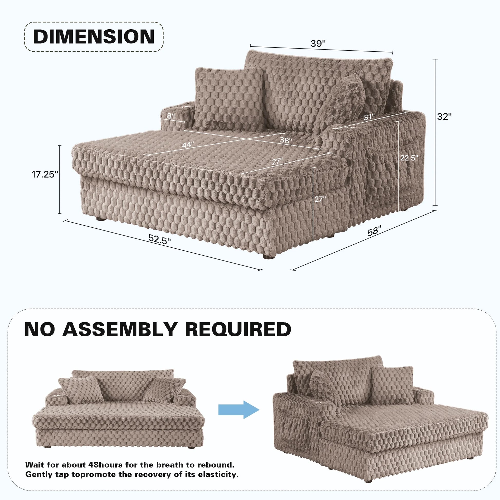 Aukfa Oversized Chaise Lounge Loveseat Couch with 2 Cup Holders& Throw Pillows, Fluffy Corduroy, Olive Green