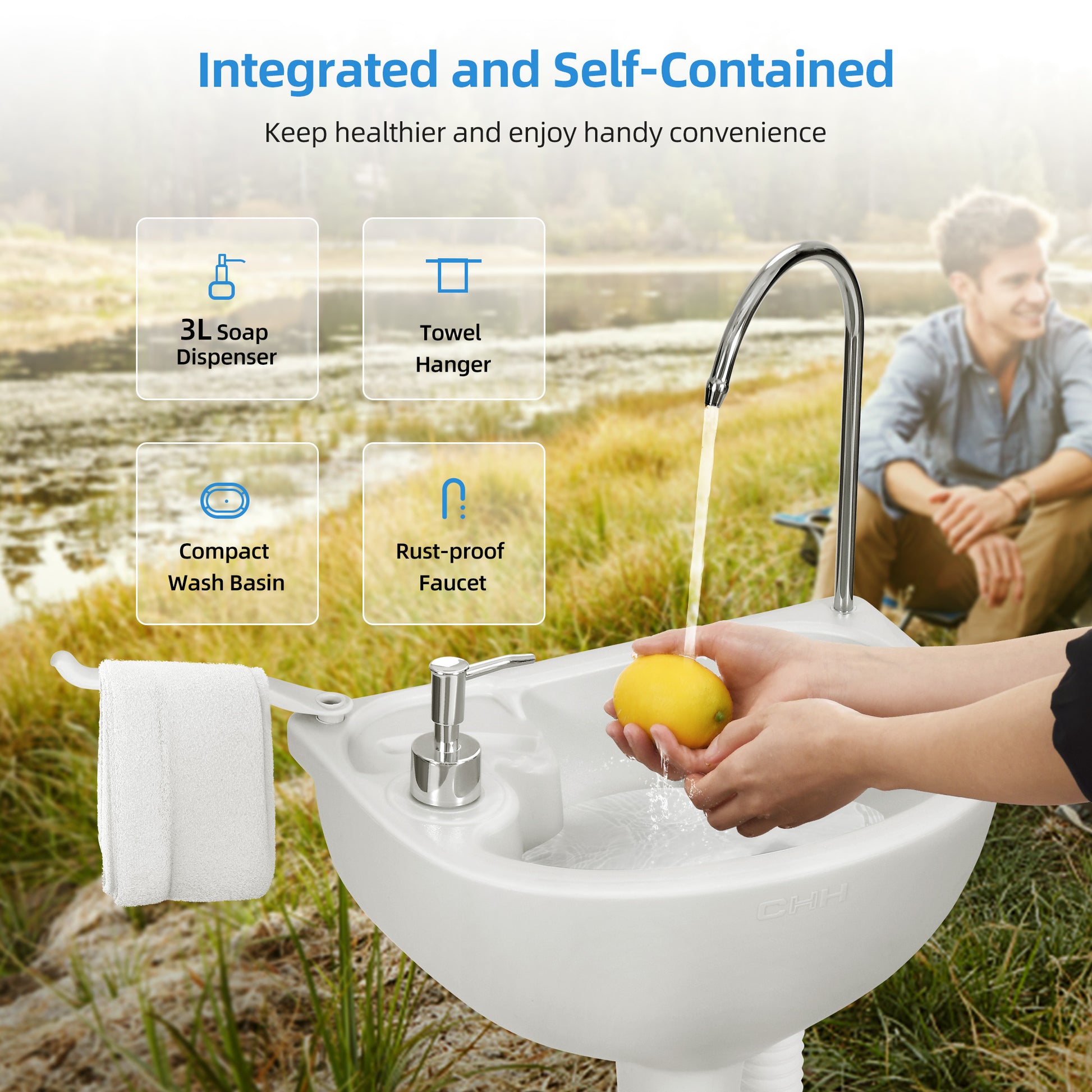 Portable Sink Camping Hand Washing Station with 17 L Wash Basin Stand, Rolling Wheels, Soap Dispenser, Towel Holder, for Outdoor, Travel, Boat, Gather, Garden, Worksite, White