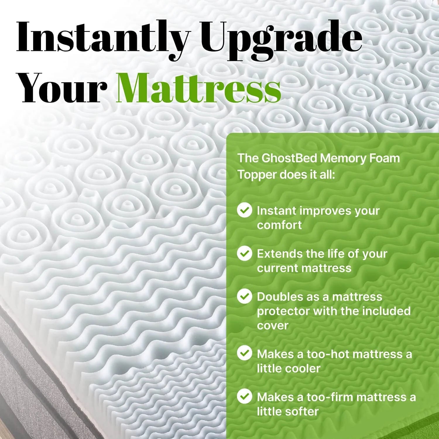 GhostBed 3 Inch Cooling Gel Memory Foam Mattress Topper - Waterproof Cover, Protector & Topper in One, Made in USA - Memory Foam Mattress Topper Queen