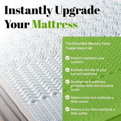 GhostBed 3 Inch Cooling Gel Memory Foam Mattress Topper - Waterproof Cover, Protector & Topper in One, Made in USA - Memory Foam Mattress Topper Queen