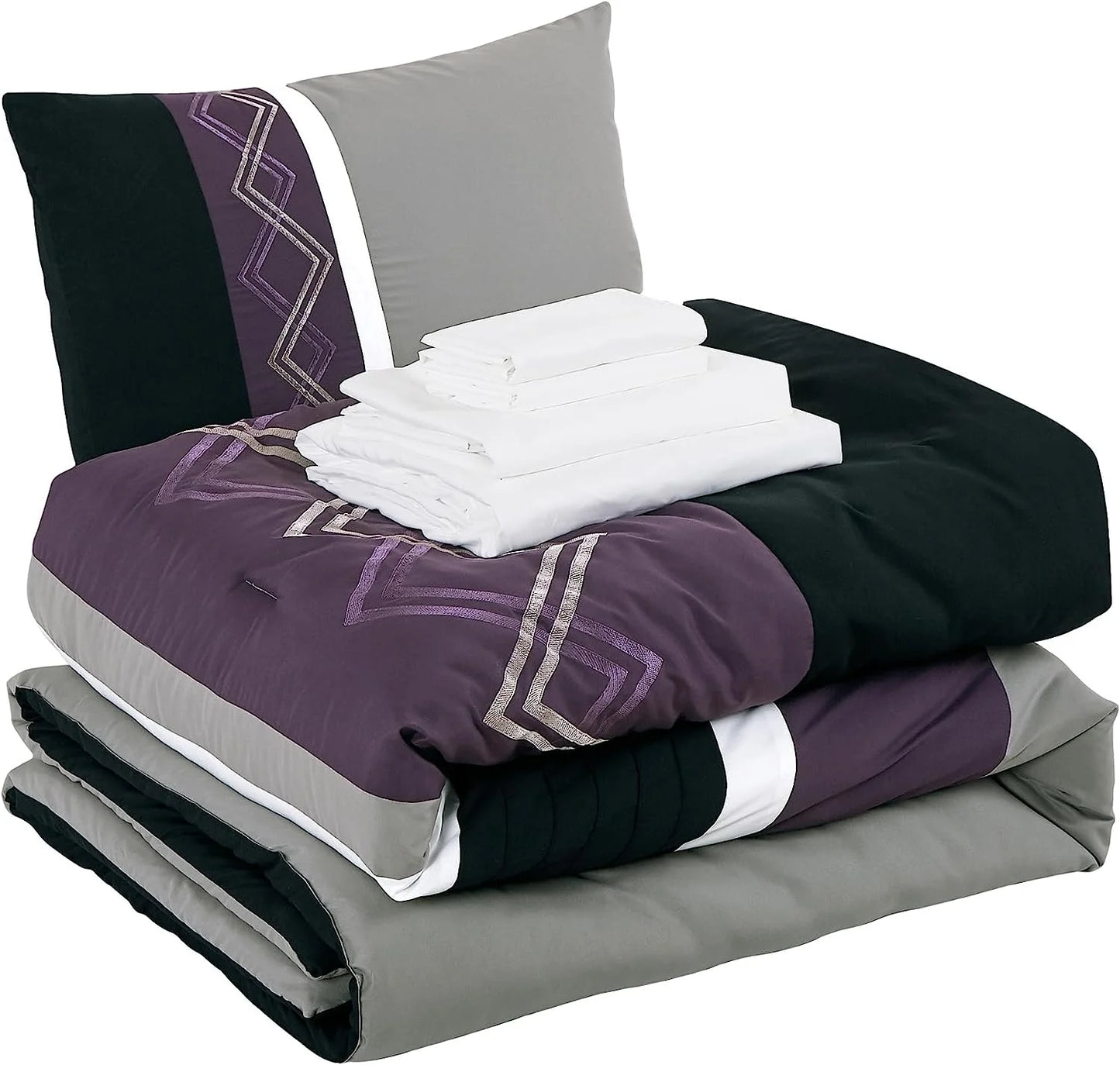 Chezmoi Collection Jaxson King Bed in a Bag 7-Piece Comforter Set with Sheets Modern Pleated Stripe Embroidered Purple/Black/Gray/White Zigzag Lightweight All Season Bedding