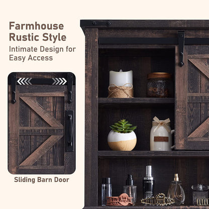 OKD Wall Storage Cabinet with Barn Door & 3 Shelves Farmhouse Wooden Bathroom Wall Mounted Medicine Cabinet Organizer Spacesaver for Kitchen Laundry Room Hotels Home, Light Rustic Oak