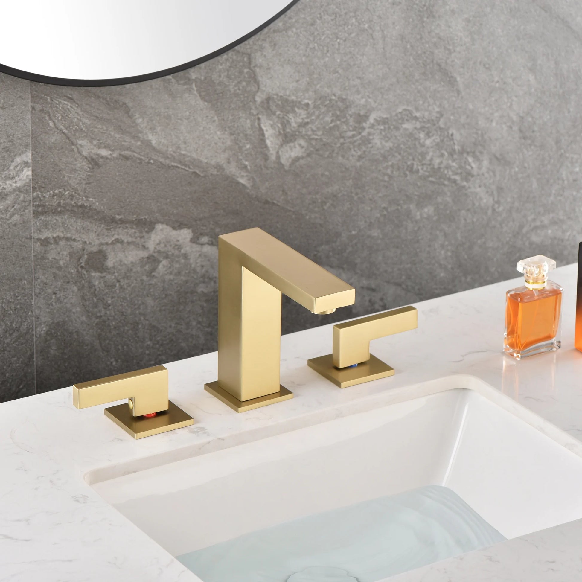 sumerain Brushed Gold 8 Inch Widespread Bathroom Faucet 2 Handle Lavatory Faucet Solid Brass, with Quick Connect Hose