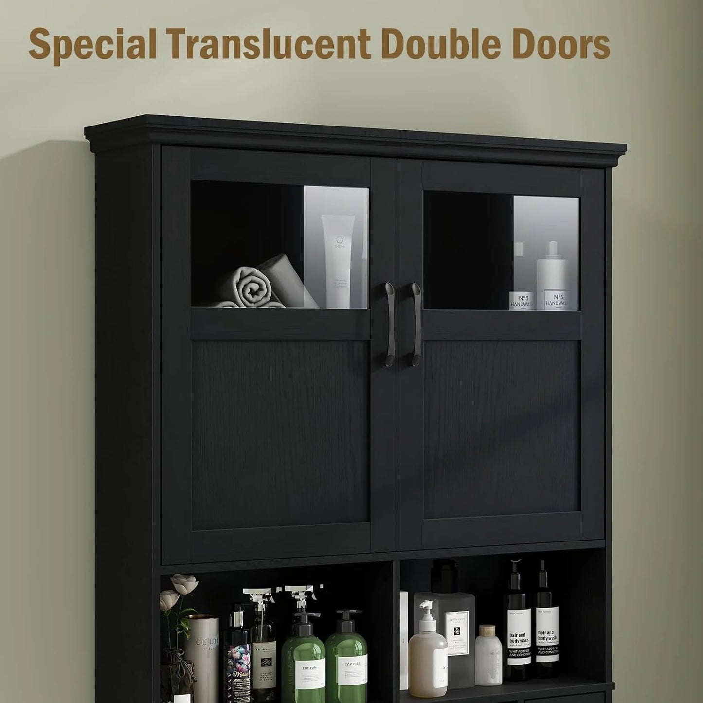 Over The Toilet Storage Cabinet, Storage Cabinet Over Toilet with Double Doors & Toilet Paper Holder Stand, Freestanding Toilet Shelf Space Saver with Anti-Tip Design & Adjustable Shelf, Black