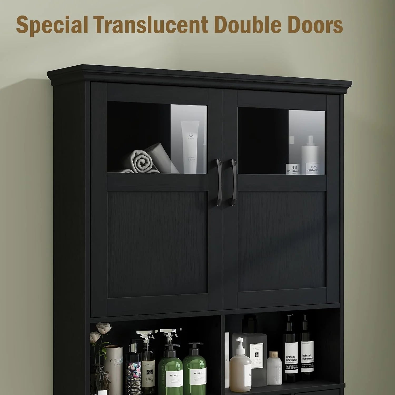 Over The Toilet Storage Cabinet, Storage Cabinet Over Toilet with Double Doors & Toilet Paper Holder Stand, Freestanding Toilet Shelf Space Saver with Anti-Tip Design & Adjustable Shelf, Black