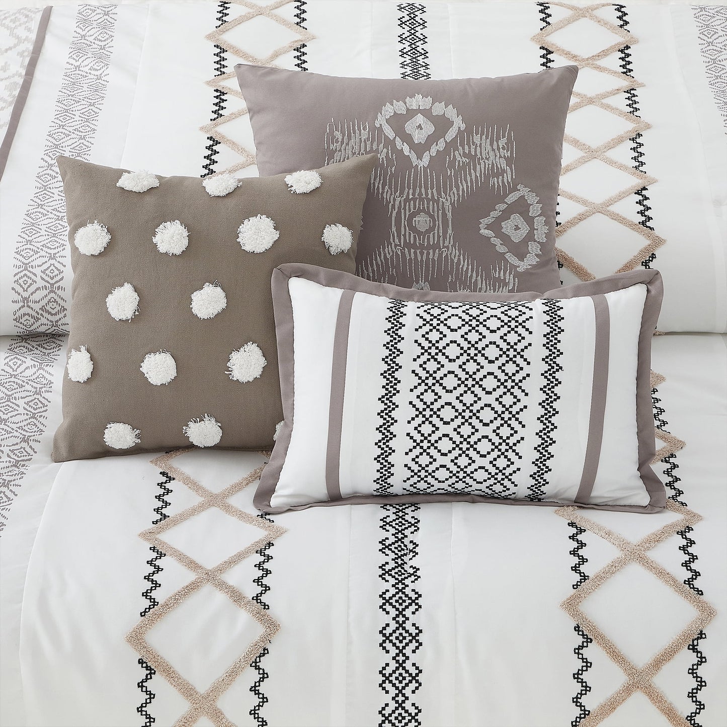 Lanco Luxury 7 Piece Cozy Boho Comforter Set Queen Beige Embroidered Girls Bedding, Premium Microfiber, All Season Home Décor