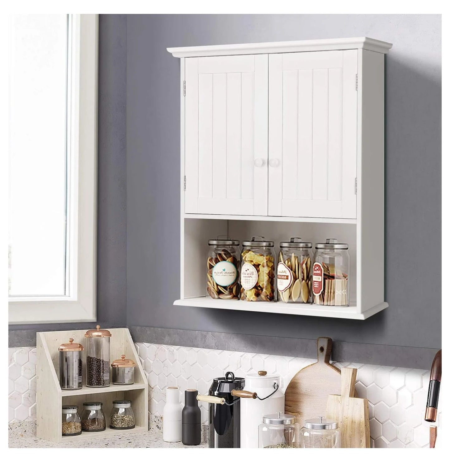 Ditangy Wall Mounted Bathroom Cabinet, Over The Toilet Storage Cabinet w/Double Doors & Adjustable Shelf, Wood Hanging Medicine Cabinet for Living Room, Entryway, Kitchen (White)