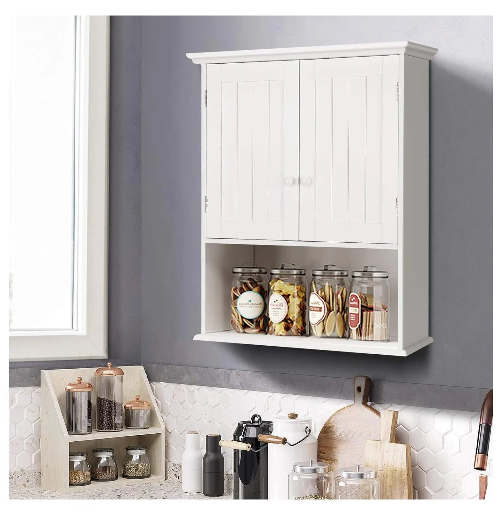 Ditangy Wall Mounted Bathroom Cabinet, Over The Toilet Storage Cabinet w/Double Doors & Adjustable Shelf, Wood Hanging Medicine Cabinet for Living Room, Entryway, Kitchen (White)